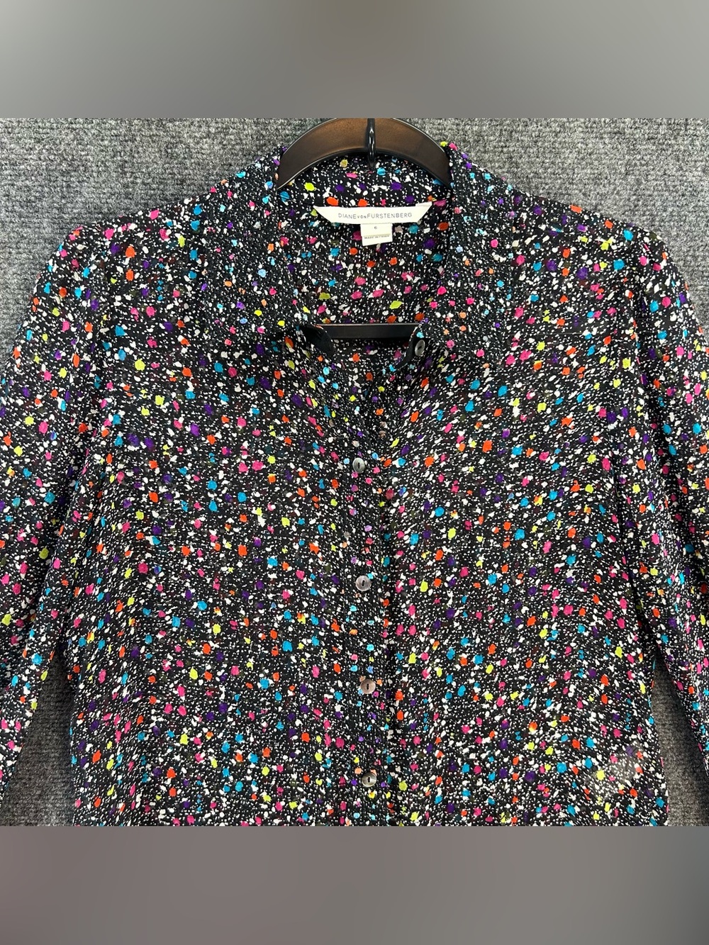 Diane Von Furstenberg Shirt Womens 6 Black Confetti 100% Silk Mariah Semi Sheer